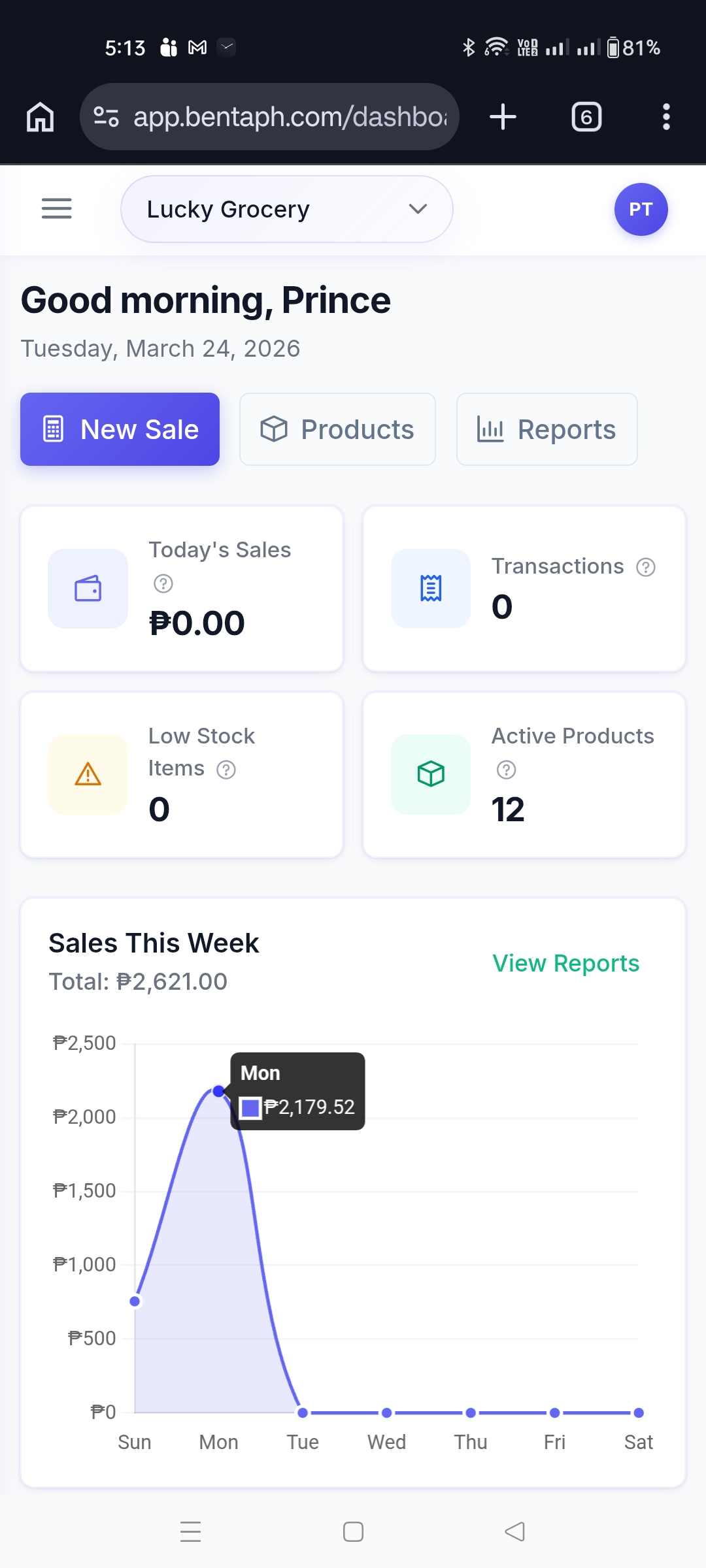 Benta dashboard on mobile showing today's sales and weekly chart