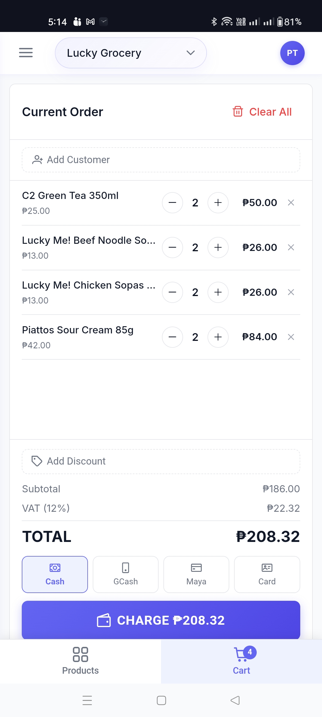 Benta POS checkout on mobile with GCash, Maya, and Cash payment options